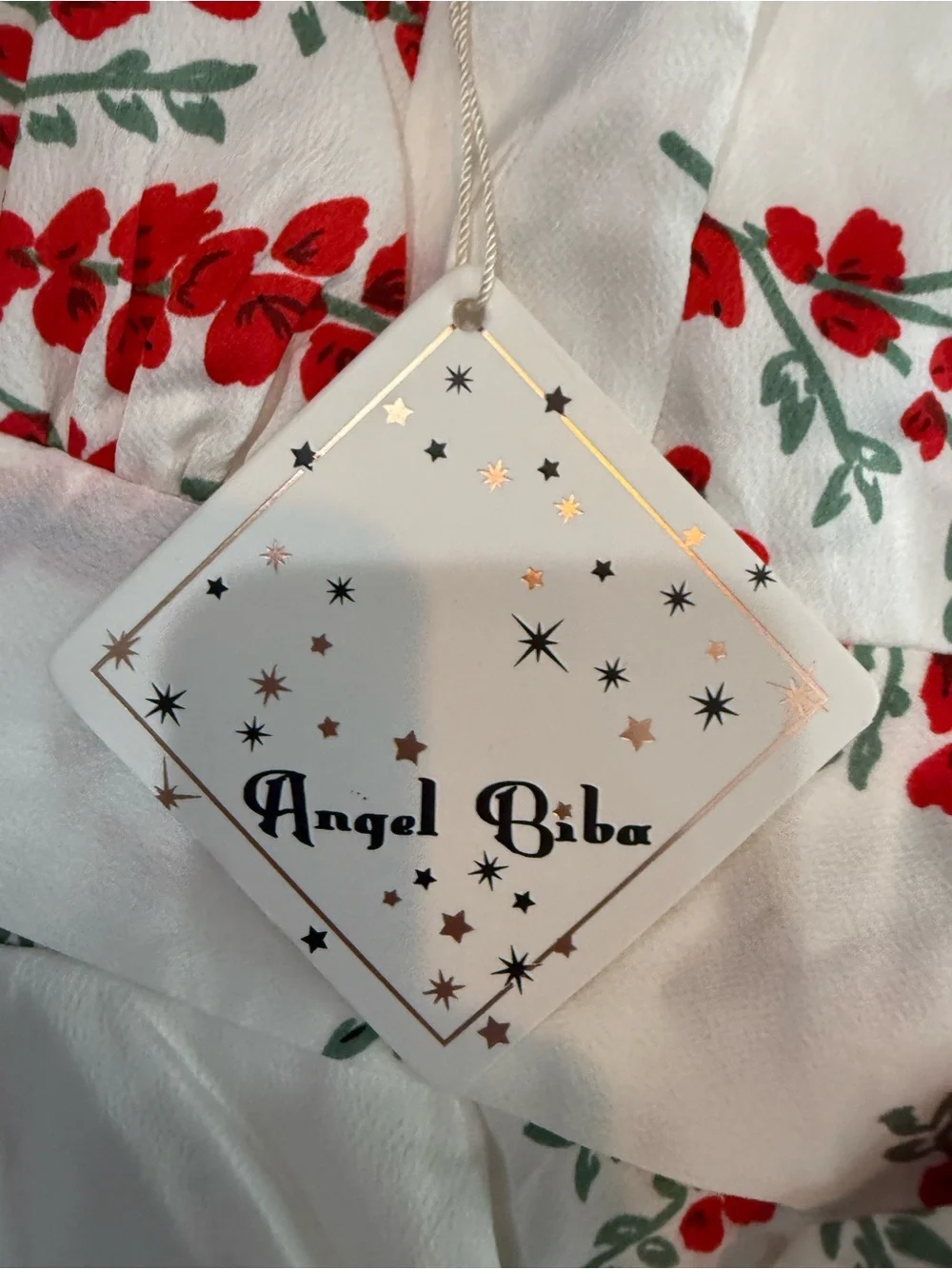 Angel Biba White Dress with Red Floral Print and Green Leaves